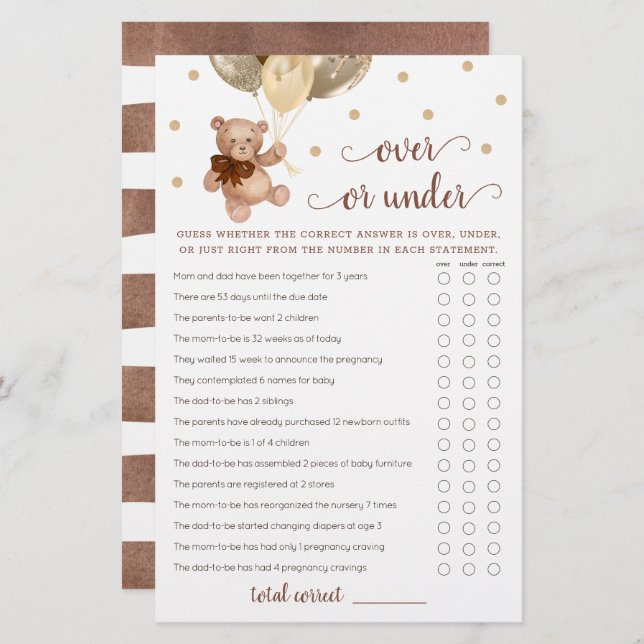 ゲームの上または下を推測ベビーシャワーテディベア (正面/裏面)