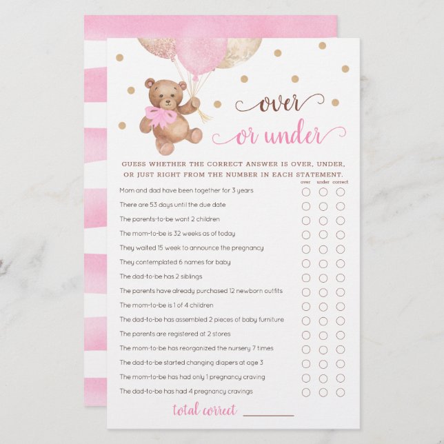 ゲームの上または下を推測ベビーシャワーテディベア (正面/裏面)
