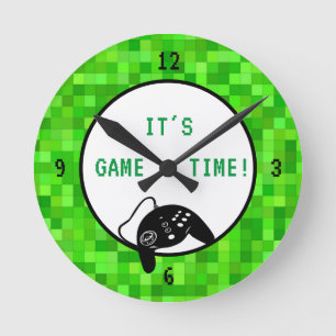 ゲームの時間 緑のゲーマーピクセル ラウンド壁時計