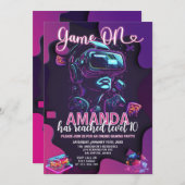 ゲームオンネオングローレベルアップビデオゲーム誕生日 招待状 (正面/裏面)