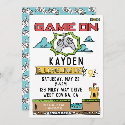 ゲームオンビデオゲーム誕生日招待状 招待状 (正面/裏面)