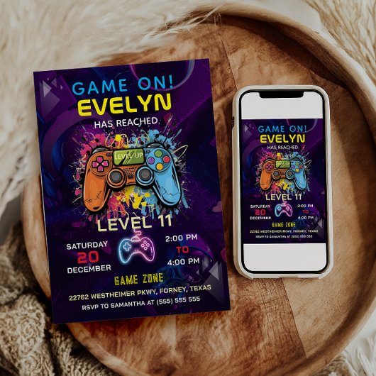 ゲームオンレベルアップビデオゲーム誕生日 招待状
