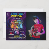 ゲームオンレベルアップビデオゲーム誕生日 招待状 (正面)