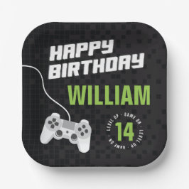 ゲームオン ゲーミング ネオン グリーン 誕生日パーティー どの年齢にも対応 ペーパープレート