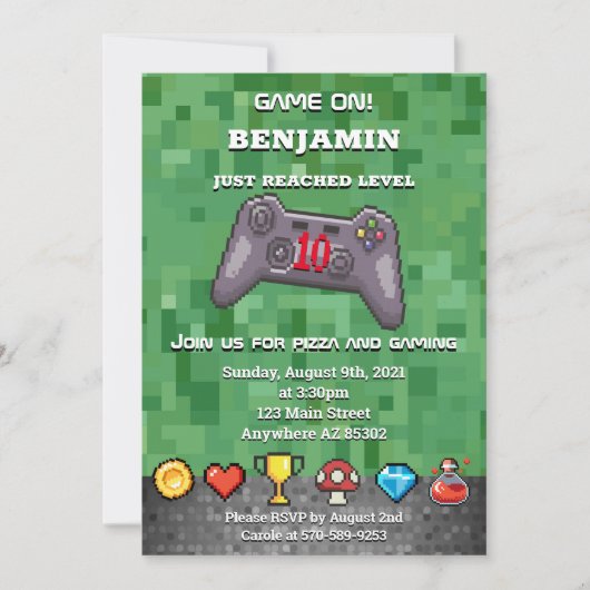 ゲームオン コントローラー ゲーマー 誕生日パーティー 招待状 (正面)
