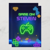 ゲームオン ネオン緑 青 黄色 ゲーマー への招待 招待状 (正面/裏面)
