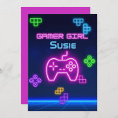 ゲームオン ネオン ピンク 青 黄色 ゲーマー への招待 招待状 (正面/裏面)