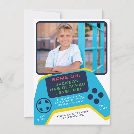 ゲームオン |ビデクールオゲーム男の子の誕生日パーティー写真 招待状 (正面)