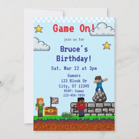 ゲームオン!ピクセルブロックゲーム 誕生日 招待状 (正面)