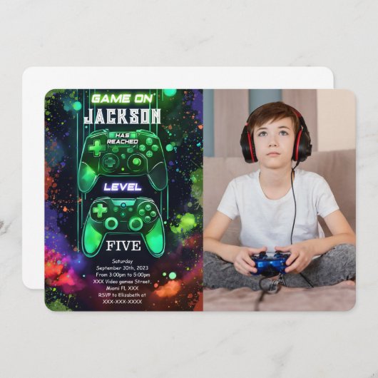 ゲームオン、ボーイビデオゲーム誕生日写真 招待状 (正面/裏面)