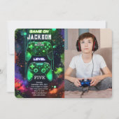 ゲームオン、ボーイビデオゲーム誕生日写真 招待状 (正面)