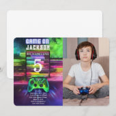 ゲームオン、ボーイビデオゲーム誕生日写真 招待状 (正面/裏面)