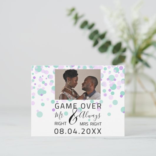ゲームオーバーおもしろい日付のドット結婚写真を保存 ポストカード (スタンド正面)