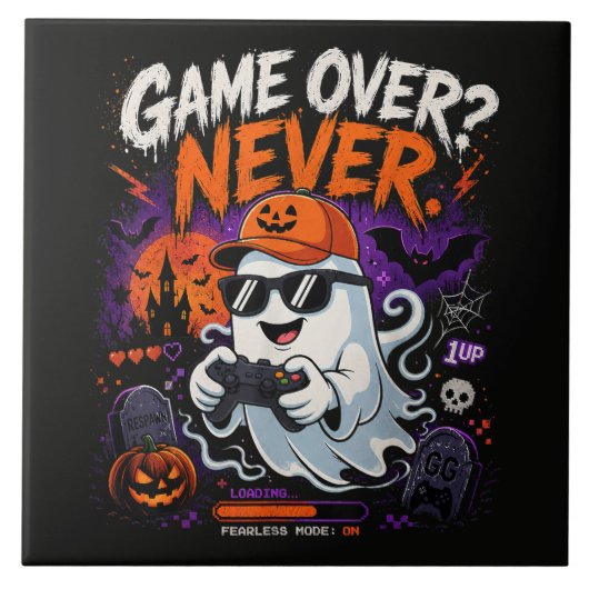 ゲームオーバーなんてありえない ゲーマー おばけ ハロウィン タイル (正面)