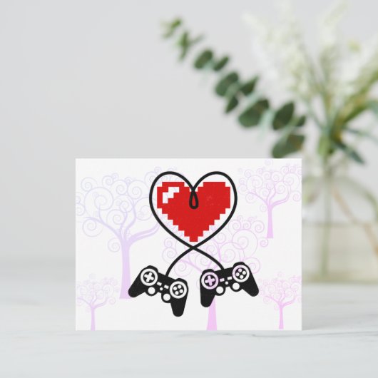 ゲームオーバーのハートのためのゲーマーコントローラーのバレンタイン シーズンポストカード (スタンド正面)