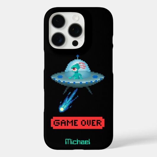'ゲームオーバー'エイリアン飛んでいるUFO宇宙船，ピクセルアート Case-Mate iPhoneケース (裏面)