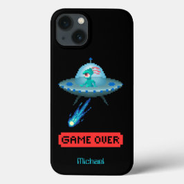 'ゲームオーバー'エイリアン飛んでいるUFO宇宙船，ピクセルアート iPhone 13ケース
