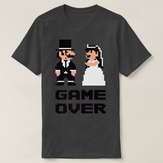 ゲームオーバー独身パーティー、 新婦新郎コミック Tシャツ (デザイン正面)