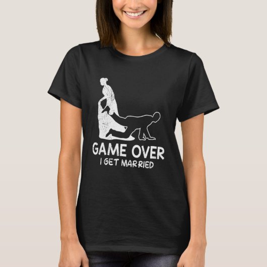 ゲームオーバー独身最後の夜新婦新婚夫結婚式 Tシャツ (正面)