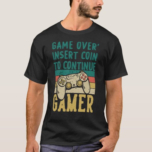 ゲームオーバー、コインを挿入してレトロTシャツを続行 Tシャツ (正面)