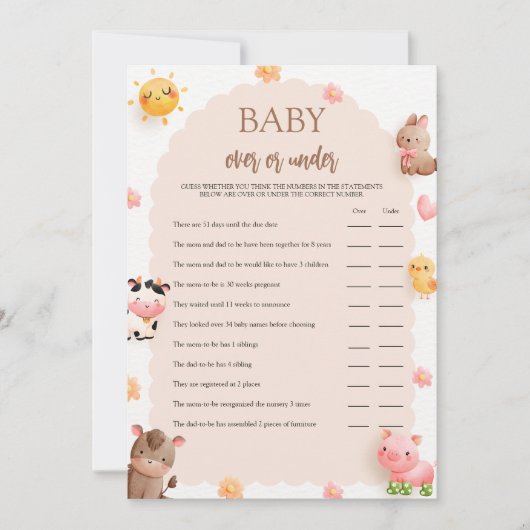 ゲームカードの上または下で農園動物の赤ちゃんシャワー 招待状 (正面)