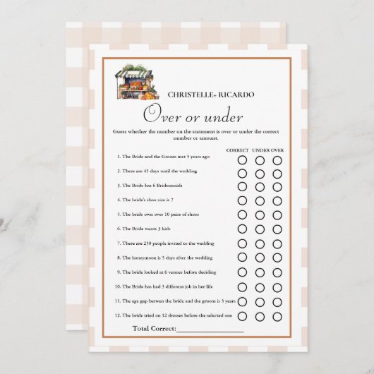 ゲームカードの上または下にブライダルシャワーする 案内状 (正面/裏面)