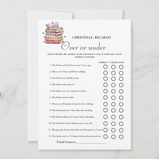 ゲームカードの上または下のブライダルシャワー物語 案内状 (正面)