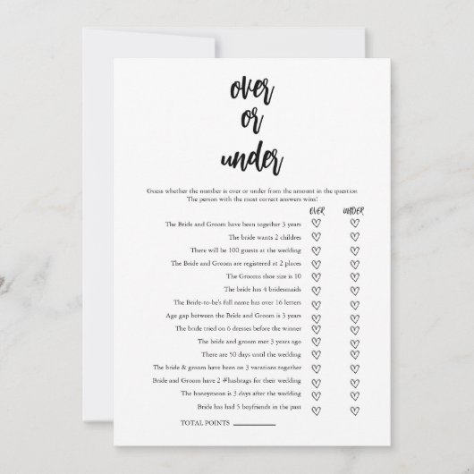 ゲームカードの上または下のミニマルブライダルシャワー 招待状 (正面)