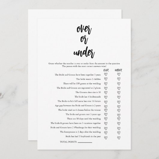 ゲームカードの上または下のミニマルブライダルシャワー 招待状 (正面/裏面)