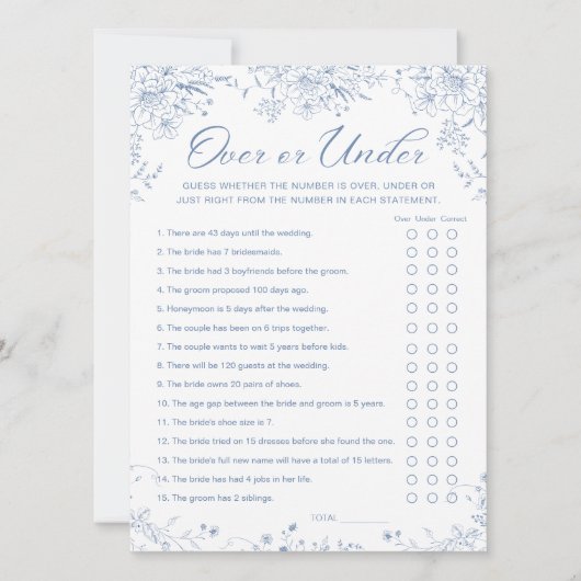 ゲームカードの下の何か青いブライダルシャワー 招待状 (正面)