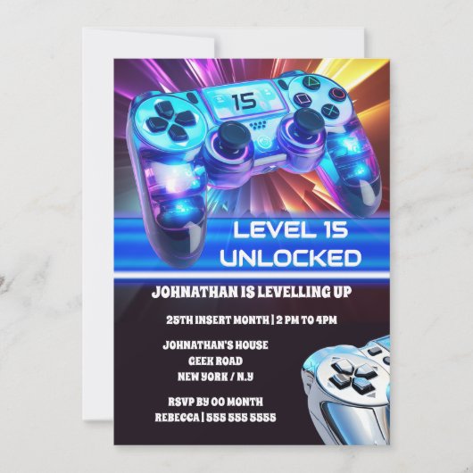 ゲームコントローラのビデオゲームのネオン任意の年齢ギーク 招待状 (正面)