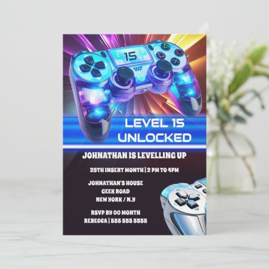 ゲームコントローラのビデオゲームのネオン任意の年齢ギーク 招待状 (スタンド正面)