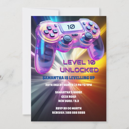 ゲームコントローラーのビデオのネオンスターバストの女の子 招待状 (正面)