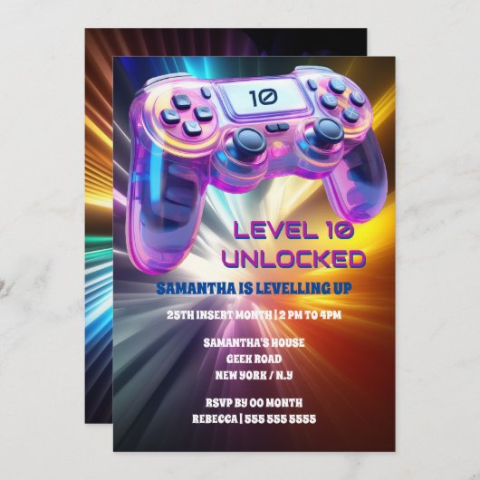 ゲームコントローラーのビデオのネオンスターバストの女の子 招待状 (正面/裏面)