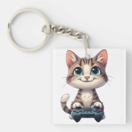 ゲームコントローラーを握りしめる子猫 笑顔のゲーマー猫 キーホルダー