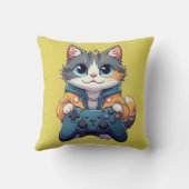 ゲームコントローラーを握りしめる子猫　笑顔のゲーマー猫 クッション (裏面)