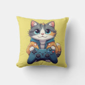 ゲームコントローラーを握りしめる子猫　笑顔のゲーマー猫 クッション (正面)