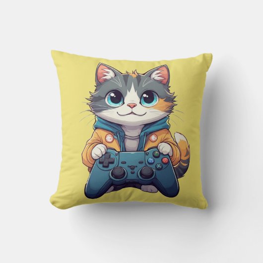 ゲームコントローラーを握りしめる子猫　笑顔のゲーマー猫 クッション (正面)
