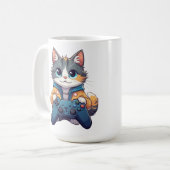 ゲームコントローラーを握りしめる子猫　笑顔のゲーマー猫 コーヒーマグカップ (正面左)