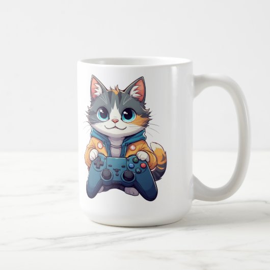 ゲームコントローラーを握りしめる子猫　笑顔のゲーマー猫 コーヒーマグカップ (右)