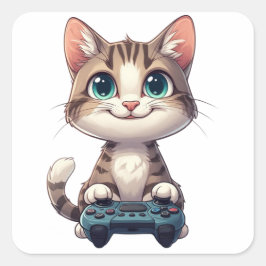 ゲームコントローラーを握りしめる子猫 笑顔のゲーマー猫 スクエアシール