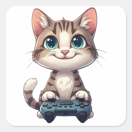 ゲームコントローラーを握りしめる子猫 笑顔のゲーマー猫 スクエアシール (正面)