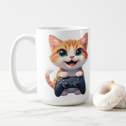 ゲームコントローラーを握りしめる子猫 笑顔のゲーマー猫I コーヒーマグカップ (ドーナツ)