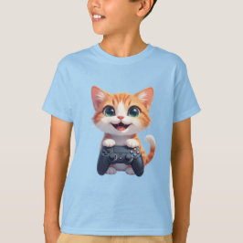 ゲームコントローラーを握りしめる子猫 笑顔のゲーマー猫I Tシャツ