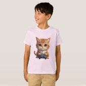 ゲームコントローラーを握る子猫　ゲーマー猫 Tシャツ (正面フル)