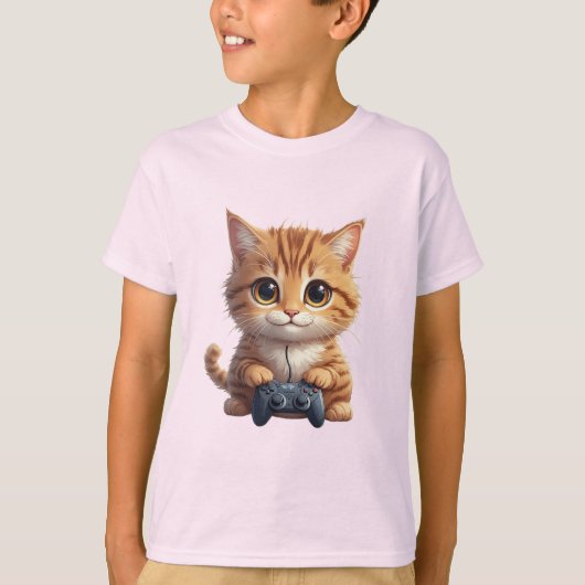 ゲームコントローラーを握る子猫　ゲーマー猫 Tシャツ (正面)