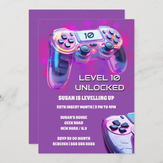 ゲームコントローラーピンクのネオンガールズゲーマー誕生日 招待状 (正面/裏面)