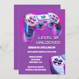 ゲームコントローラーピンクのネオンガールズゲーマー誕生日 招待状