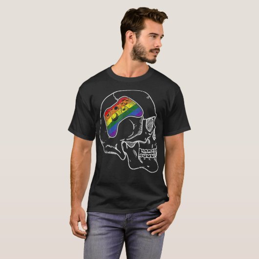 ゲームコントローラー ゲイプライド ゲーマー スカル プラウド LGBTQ Tシャツ (正面フル)
