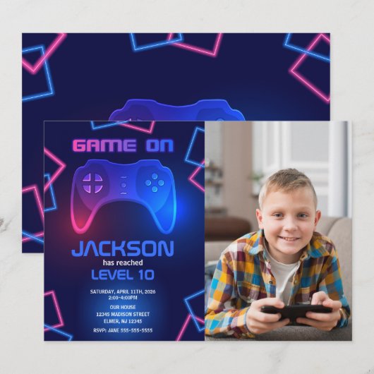 ゲームコントローラー テーンビデオゲームプレーヤー 誕生日 招待状 (正面/裏面)